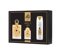 Lattafa Pride Tharwah Gold 3pc Giftset For Women -100ml Eau de Parfum + 200ml Perfumed Body Spray + 20ml Travel EDP and a Refillable Bottle