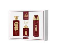 Lattafa Pride Ansaam Gold Gift Set 3-Piece (100ml EDP + 200ml Perfumed Body Spray + 20ml Travel EDP + Refillable Bottle) - Women’s Long-Lasting Fragrance - Pear, Jasmine, Vanilla, Candy, Raspberry