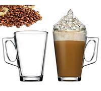 Latte Glasses Set of 2 Tea & Coffee Cups 240ml Temperature Resistant Hot Drink Cafe Mugs with Handle Ideal for Milk Juice Ice Cream Latte, Cappuccino, Espresso and Hot Chocolate