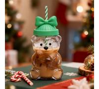 Latte Macchiato Glasses Christmas with Lid and Straw, Christmas Glasses 591 ml, Bear Glass with Lid and Straw, Glass Cups, Drinking Glasses, Coffee Glasses, Tea Glasses, Matcha Christmas Cups (C)