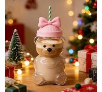 Latte Macchiato Glasses Christmas with Lid and Straw, Christmas Glasses 591 ml, Bear Glass with Lid and Straw, Glass Cups, Drinking Glasses, Coffee Glasses, Tea Glasses, Matcha Christmas Cup (D)