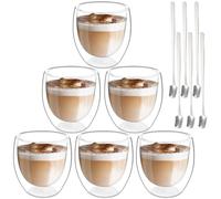 Latte Macchiato Glasses Double-Walled Espresso Cups Set, 6 x 250 ml Double-Walled Glasses with 6 Spoons, Cappuccino Cups, Coffee Glasses, Coffee Cups, Iced Coffee Glass, Thermal Glasses Coffee Mug