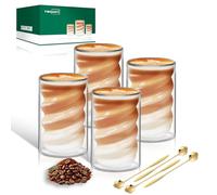 Latte Macchiato Twill Double Wall Glasses 4×400ml Spoon Double Wall Coffee Glasses Cappuccino Cups Glass Spiral Shaped Thermo Glasses Made of Borosilicate Glass