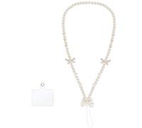 LATUMCO 1PC Beaded Phone Chain with Pearl Bow, Comes with Tether Tab, Neck Hanging Style, Fashionable Women's Phone Accessory (White)