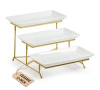 LAUCHUH 3 Tier Serving Stand Porcelain Serving Platter Tier Serving Trays with Collapsible Sturdier Rack, Serving Dishes and Platters for Thanksgiving, Christmas, Entertaining, Gold, 12 Inch