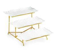 LAUCHUH 3 Tier Trays Stand, Porcelain Tiered Serving Trays Serving Stand | Serving Platters with Collapsible Sturdier Stand Dessert Table Display Set for Thanksgiving Christmas Party, Gold, 12.2 Inch