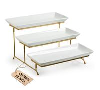 LAUCHUH Large 3 Tier Serving Stand Tiered Serving Trays Collapsible Sturdier Rack with 3 Porcelain Serving Platters for Fruit Dessert Presentation Thanksgiving Christmas Party Display Set, 14 Inch