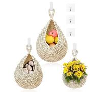 LAUGHERER Hanging Fruit Baskets Hanging Basket for Kitchen - 3Pack Boho Wall Hanging Basket with 6Pcs Hooks for Fruits Vegetable Potato Storage
