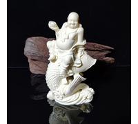 Laughing Buddha Sitting on Fish Statue,Happy Smiling Maitreya Buddha Figurines Sculpture Good Luck Feng Shui Ornament Buddah Gift Home Office Living Room Decor,White
