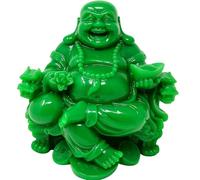 Laughing Buddha Statue Green Resin 20x18cm Feng Shui Prosperity Figurine Sitting Buddha Holding Gold Ingot and Wealth Bag Decorative Ornament for Home Office Meditation Shelf Spiritual Decor JR1458