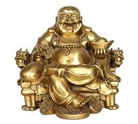 Laughing Buddha Statue Ornament Maitreya Buddha God of Wealth Sitting on A Dragon Chair Figure Sculpture Feng Shui Home Office Decoration,Brass