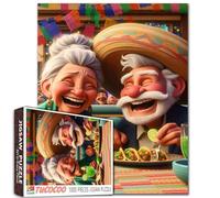 Laughing Old Couple Dining Fiesta 1000 Piece Jigsaw Puzzle for Adults and Students Fun Mexican Style Food Theme Colorful Cartoon Art Decor 20×27 Inches Relaxing Brain Challenge Gift