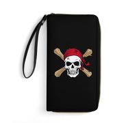 Laughing Pirate Skull Wristlet Wallets for Men Women Leather Long Wallet Credit Card Clutch with Cord