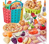 LAUGIGLE Wheat Straw Play Food with 2 Baskets & Picnic Blanket | Child-Safe Abs Plastic,Realistic Cutting Sound,Immersive Role-Play,Easy to Store & Carry,Ideal Gift for Toddlers