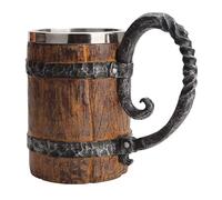 LAUGOKOBE Wooden Barrel Beer Mug, Large Viking Cup Wood Style Beer Stein with Handle, Double Wall Stainless Steel Tankard Mug, Antique gifts for Men Bar Restaurant Renaissance Accessories
