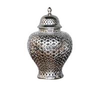 LAUMZX 15" Modern Silver Pierced Ginger Jar Hollow Lattice Temple Jar | Luxury Electroplated Ceramic Vase Urn Centerpiece for Living Room, Console Table, Mantel, Entryway Decor