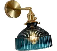 LAUMZX Adjustable Blue Glass Wall Sconce, Vintage Industrial Wall Light with Brass Arms Green Ribbed Shade Wall Mounted Lamp for Bedroom, Living Room, Kitchen and Hallway(Blue)
