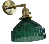 LAUMZX Adjustable Blue Glass Wall Sconce, Vintage Industrial Wall Light with Brass Arms Green Ribbed Shade Wall Mounted Lamp for Bedroom, Living Room, Kitchen and Hallway(Green)