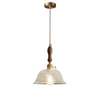 LAUMZX Farmhouse Ceiling Pendant Light, Vintage Industrial Clear Seedy Glass Hanging Lamp with Wood Accent, E26 Adjustable Brass Chandelier for Kitchen Island, Entryway