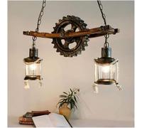 LAUMZX Industrial Farmhouse Chandelier, 2-Light Wooden Beam Pendant Light with Gear & Rope Accents, Rustic Island Hanging Fixture for Dining Room, Kitchen, Living Room