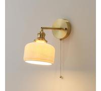 LAUMZX Mid-Century Modern Wall Sconce with Pull Chain, Brushed Brass Adjustable Wall Light, Ribbed White Ceramic Shade Vanity Lighting for Bedroom Bathroom Hallway