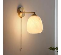 LAUMZX Modern Brass Wall Sconce with Pull Chain Switch, Vintage Ribbed Glass Dome Wall Lamp, Gold Mid Century Wall Light Fixture for Bedroom Bedside Hallway(A)