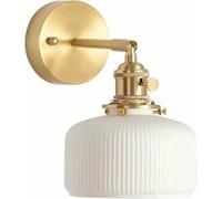 LAUMZX Modern Gold Wall Sconce, Mid-Century White Ribbed Glass Shade Wall Light Fixture with Adjustable Arm, Brass Finish Reading Wall Lamp for Bedroom Hallway Entryway