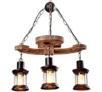 LAUMZX Rustic Industrial Chandelier, 3-Light Wooden Beam Pendant Light with Lantern Shades, Vintage Farmhouse Hanging Fixture for Dining Room, Kitchen Island, Living Room