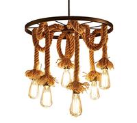 LAUMZX Rustic Industrial Rope Chandelier, Farmhouse Hemp Rope Pendant Light with 6 Lights, Vintage Metal Ring Hanging Lamp for Dining Room Living Room Bar Cafe, E27 Base