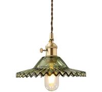 LAUMZX Vintage Industrial Pendant Light with Fluted Green Glass Shade, Brass Finish Hanging Lamp Fixture, Adjustable Braided Cord Retro Ceiling Lighting for Kitchen Island Bar Cafe (E26 Base)