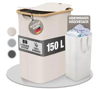 Laundry Basket 150 L with 2 Lids and 2 Compartments - Foldable Laundry Hamper Made of Bamboo Fabric Beige - Laundry Box, Laundry Basket, Laundry Container, Laundry Separator for Bathroom, Bedroom