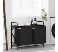 Laundry Basket 2-Compartment Black Steel Brown Oak Shelf 97x33x77 cm 2 Polyester