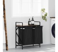 Laundry Basket 2-Compartment Black Steel Frame Smoked Oak Shelf 67x33x77cm Poly