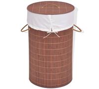 Laundry Basket Brown Bamboo Round 35x60cm Removable Liner Handle Foldable Indoor