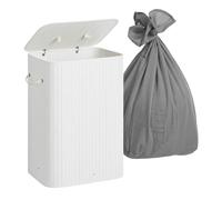 Relaxdays Laundry Basket with Lid, 2 Compartments, Bamboo, 105L, Foldable, 63x52x32cm, White