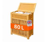 Relaxdays Laundry Basket, 80 L, slatted design, bamboo & MDF, natural | HWD: 62.5 x 50.5 x 28 cm, laundry hamper with lid, side handles, storage, bathroom & bedroom