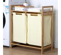 Laundry Basket - Large Double Hamper, Freestanding Sorter Organizer, Oxford Fabric, Wooden Frame, with Handles - Ideal for Laundry Room, Bathroom, Dorm