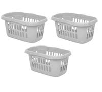 Laundry Basket Large Strong Plastic Washing Clothes Storage Hamper Oval Hipster Basket with Integral handles - Silver/Soft Grey - Pack of 3