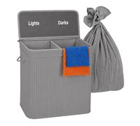 Relaxdays Laundry Hamper with Lid, 2 Compartments, Bamboo, 100L, Foldable, 60x52x32cm, Grey