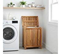 Laundry Basket Natural Removable Bag Lid 50 x 35 x 60 cm Brown Solid Teak Wood