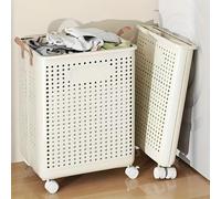 Laundry Basket on Wheels, Plastic Laundry Basket Clothes Hamper with Handle, Fodable Rolling Laundry Hamper, Breathable Hollow, Clothes Storage Washing Bin Basket Hamper for Bathroom Bedroom