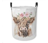 Laundry Basket Pink Floral Highland Cow Collapsible Laundry Hamper with Handles Clothes Storage Bin for Household Bedroom Bathroom College Dorms
