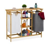 Relaxdays Laundry Basket Rack, 4 Shelves, 2 Pull-Out Bags, 80x100x32 cm, Washing Sorter & Storage, Bamboo, Multicoloured, Polyester