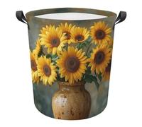 Laundry Basket Sunflower, Flowering Plant,Plant Washing Basket Lightweight Round Laundry Hamper Collapsible Dirty Clothes Hamper For College Dorm Bedroom Bathroom 34X42Cm