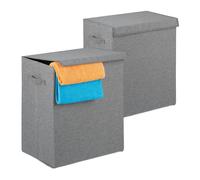 Relaxdays Set of 2 Laundry Baskets, Folding Washing Hamper with Lid, Dirty Clothes Bin, 61 L, 50.5 x 45 x 30.5 cm, Grey, Cotton