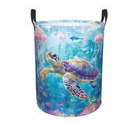 Laundry Basket Watercolor Turtle Jellyfishes Coral Washing Basket Waterproof Round Laundry Hamper Fashion Dirty Clothes Hamper For Room Bedroom Home