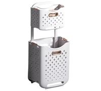 Laundry Basket White Foldable Rolling Double Layer with Brake
