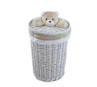 Laundry Basket Wicker Round White Lid with Plush Toy Bear Cover Lid 34L D.32 H.48