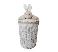 Laundry Basket Wicker Round White Lid with Plush Toy Rabbit Beige 34L D.32 H.48