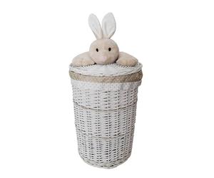 Laundry Basket Wicker Round White Lid with Plush Toy Rabbit Beige 34L D.32 H.48